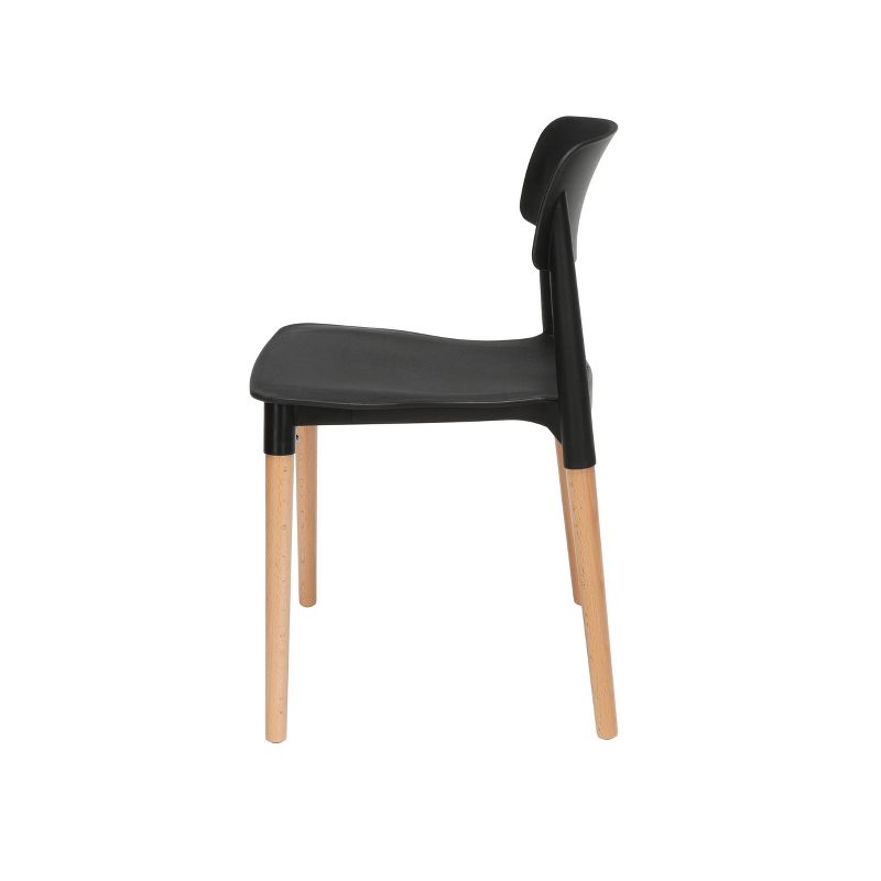 Set of 4 18" Mid-Century Modern Plastic Molded Dining Chairs with Solid Natural Wood Legs Black - OFM