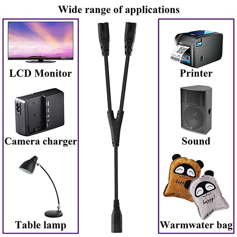2 Pack IEC 320 C8 to Dual C7 Y Splitter Power AC Adapter Cable10A 125V Figure 8 Male to Double Female IEC C7 to C8 AC Converter Polarized Cable for LED TV etc 03m1ft C8 to 2C7