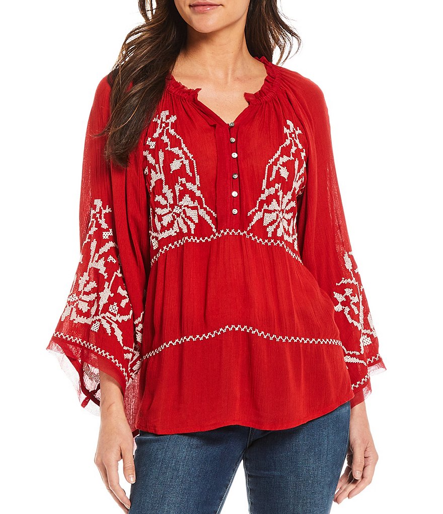 Tru Luxe Jeans 3/4 Sleeve Hi-Low Embroidered Peasant Top