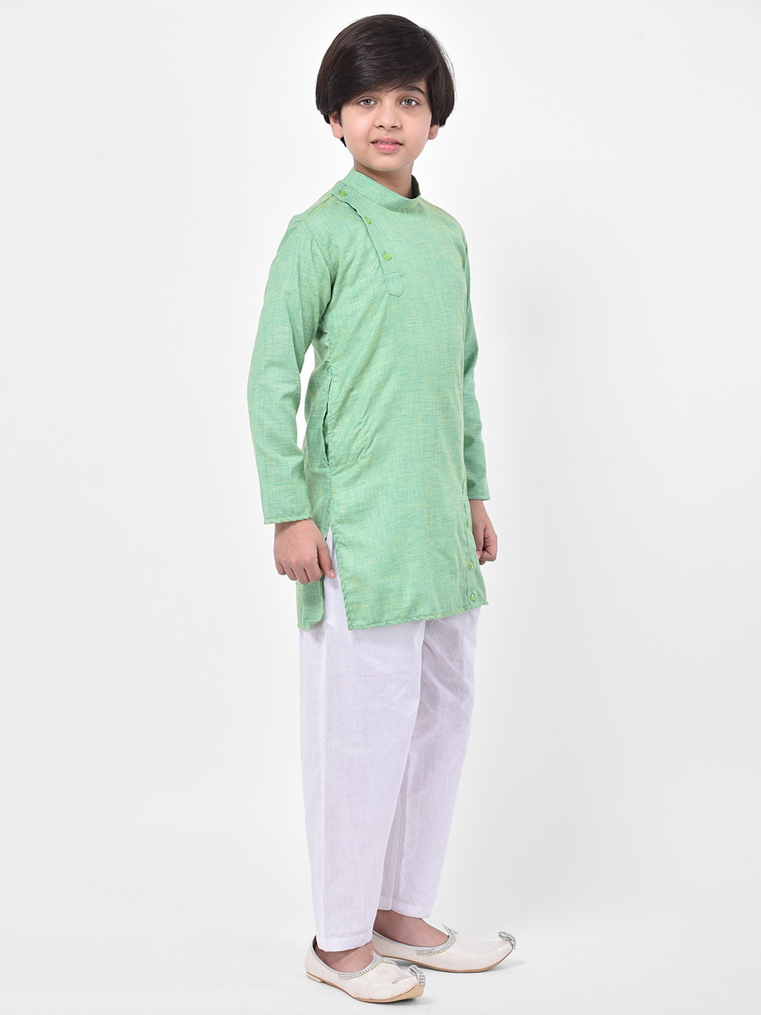 Deyann Kids Green & White Solid Full Sleeves Kurta with Pyjamas