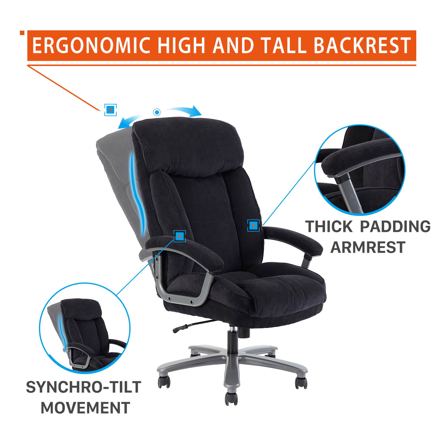 Office Chair Gaming Chair, Ergonomic Big Chair 400lbs Upholstered Swivel Adjustable Height Thick Padding Headrest, Black