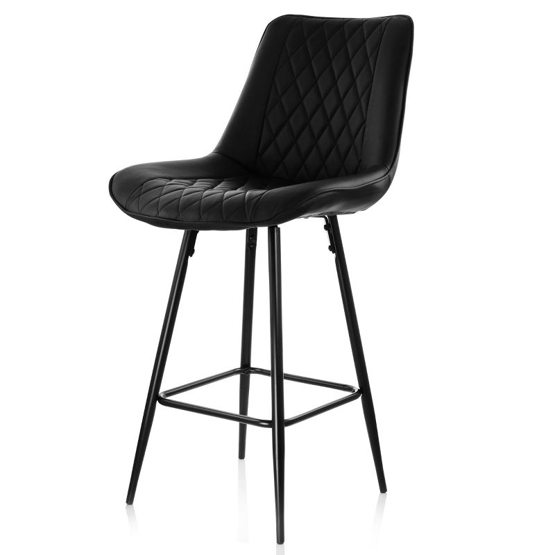 Elama 2 Piece Diamond Stitched Faux Leather Bar Chair in Black with Metal Legs