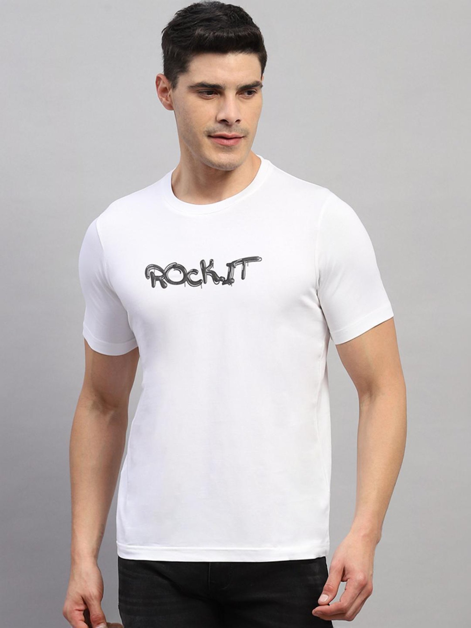 Rock.it White Cotton Regular Fit Printed T-Shirt