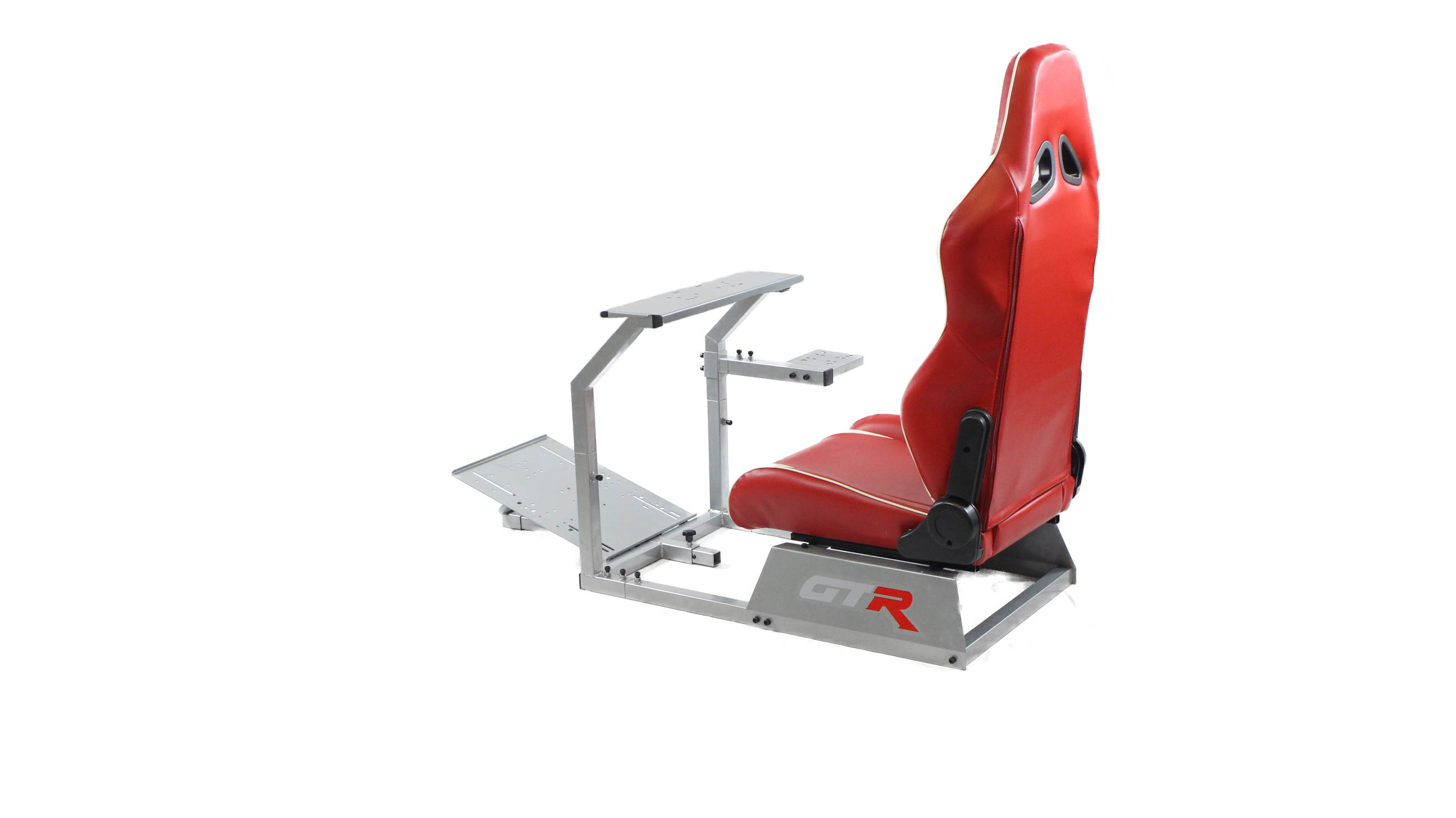 GTR Racing Simulator GTA-S-S105LRDWHT GTA Model Silver Frame with Red/White Real Racing Seat, Driving Simulator Cockpit Gaming Chair with Gear Shifter Mount
