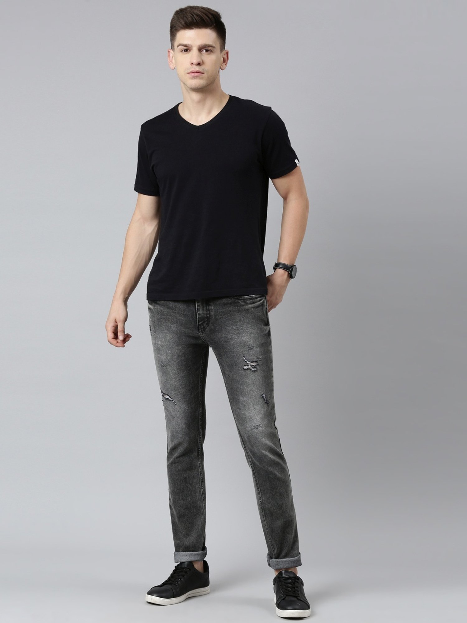 CINOCCI Mid Black Cotton Slim Fit Distressed Jeans
