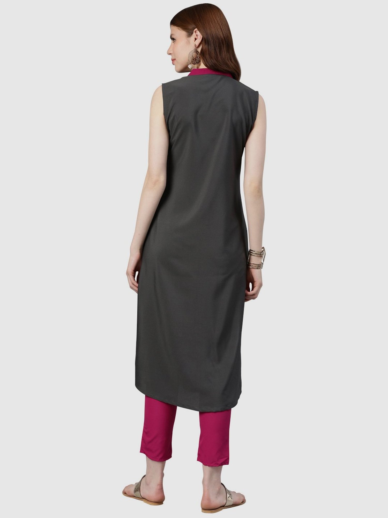 Ziyaa Grey & Pink Printed Straight Kurta