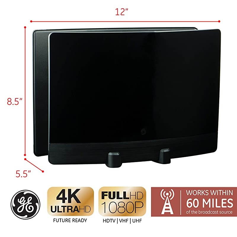 GE  Optima TV Antenna 60 Mile Range HDTV VHF UHF Indoor Signal Enhancing Reflector Panel 10 Ft Coax Cable Black 34137