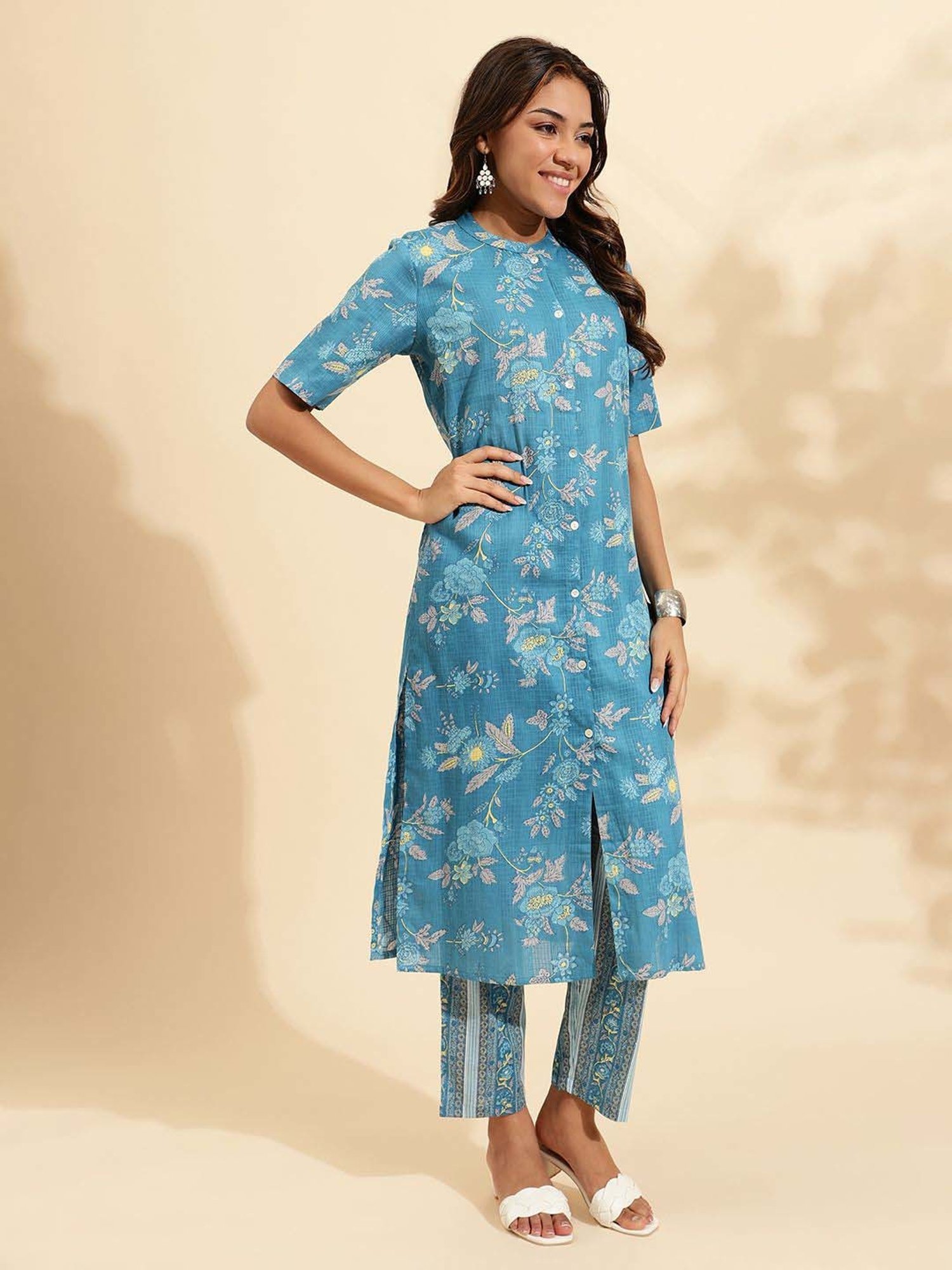 Sringam Blue Cotton Printed Kurta & Pant Set