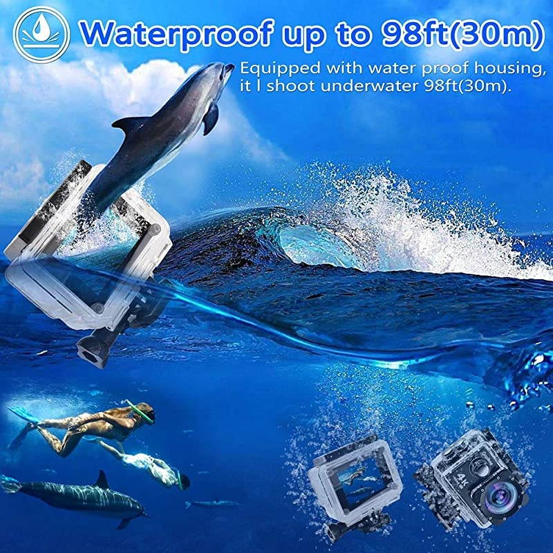 4K WiFi Action Camera 16GB TF Card16MP Underwater Video Camera 170 Wide Angle Sports Cam with Remote 2 Batteries 24 Accessories Mounting Kit 20 Pack