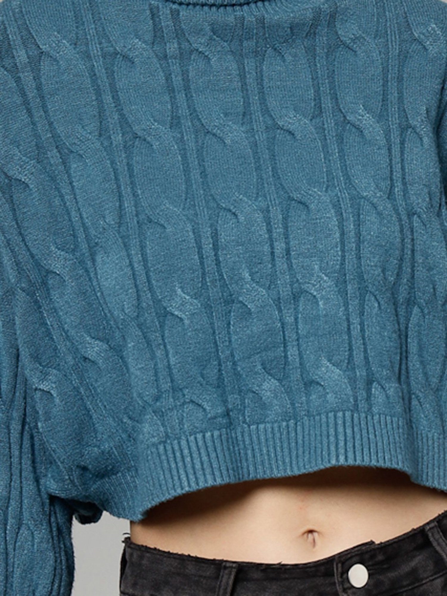 Mafadeny Teal Self Design Crop Sweater