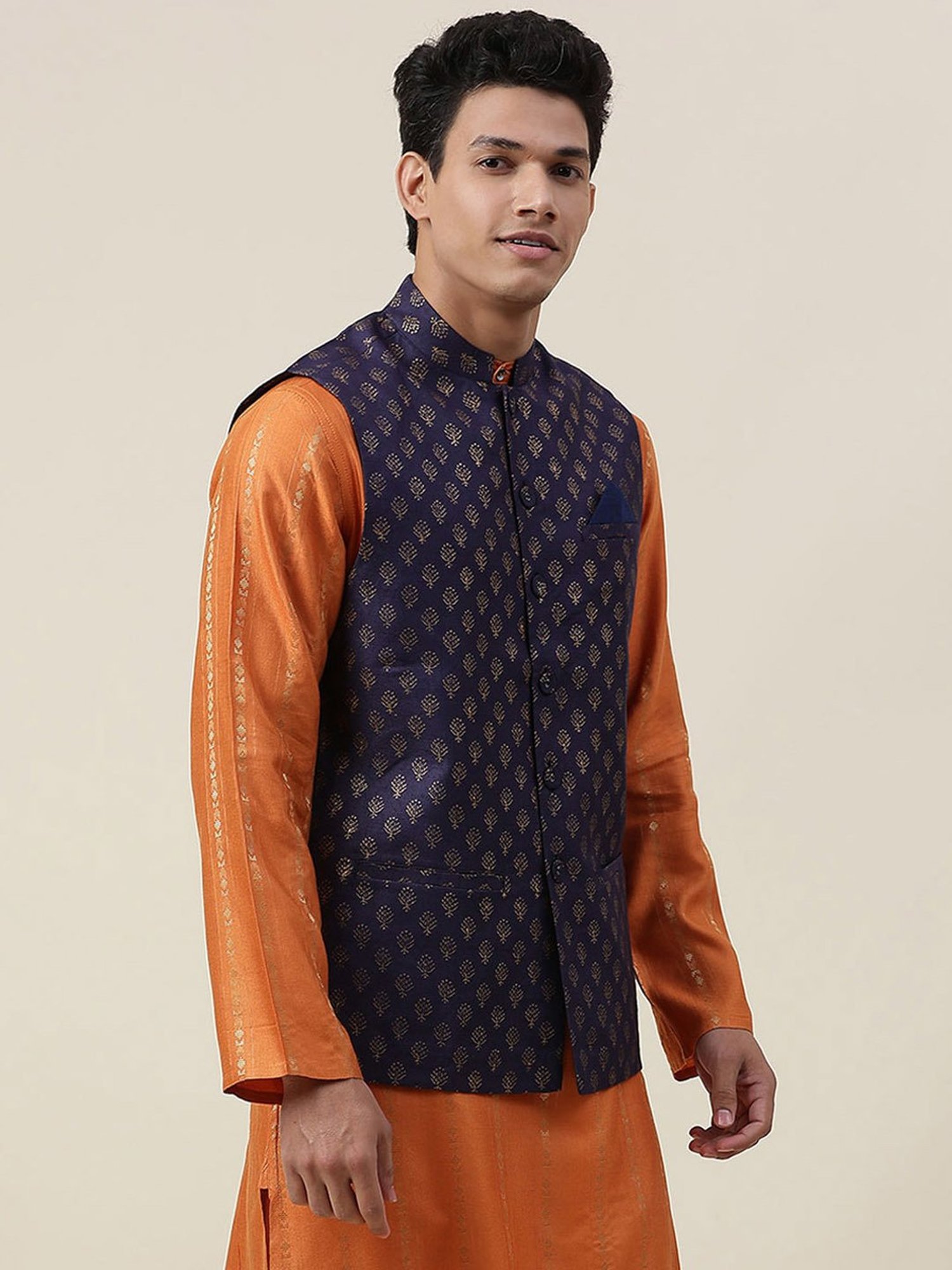 Fabindia Navy Regular Fit Printed Nehru Jacket