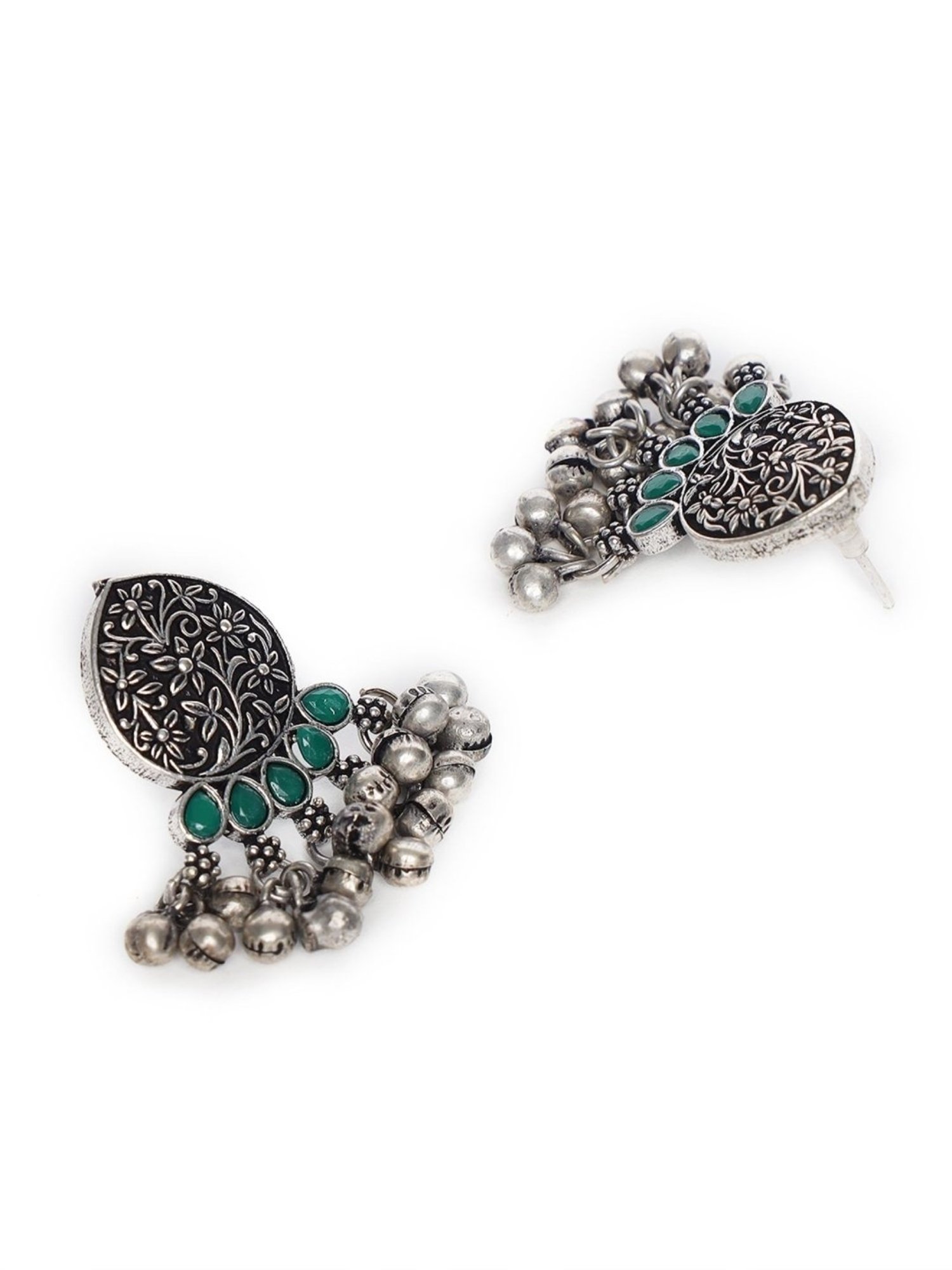 Aatmana Oxidized Silver-Plated Green Stone-Studded Peacock Shaped Necklace Set