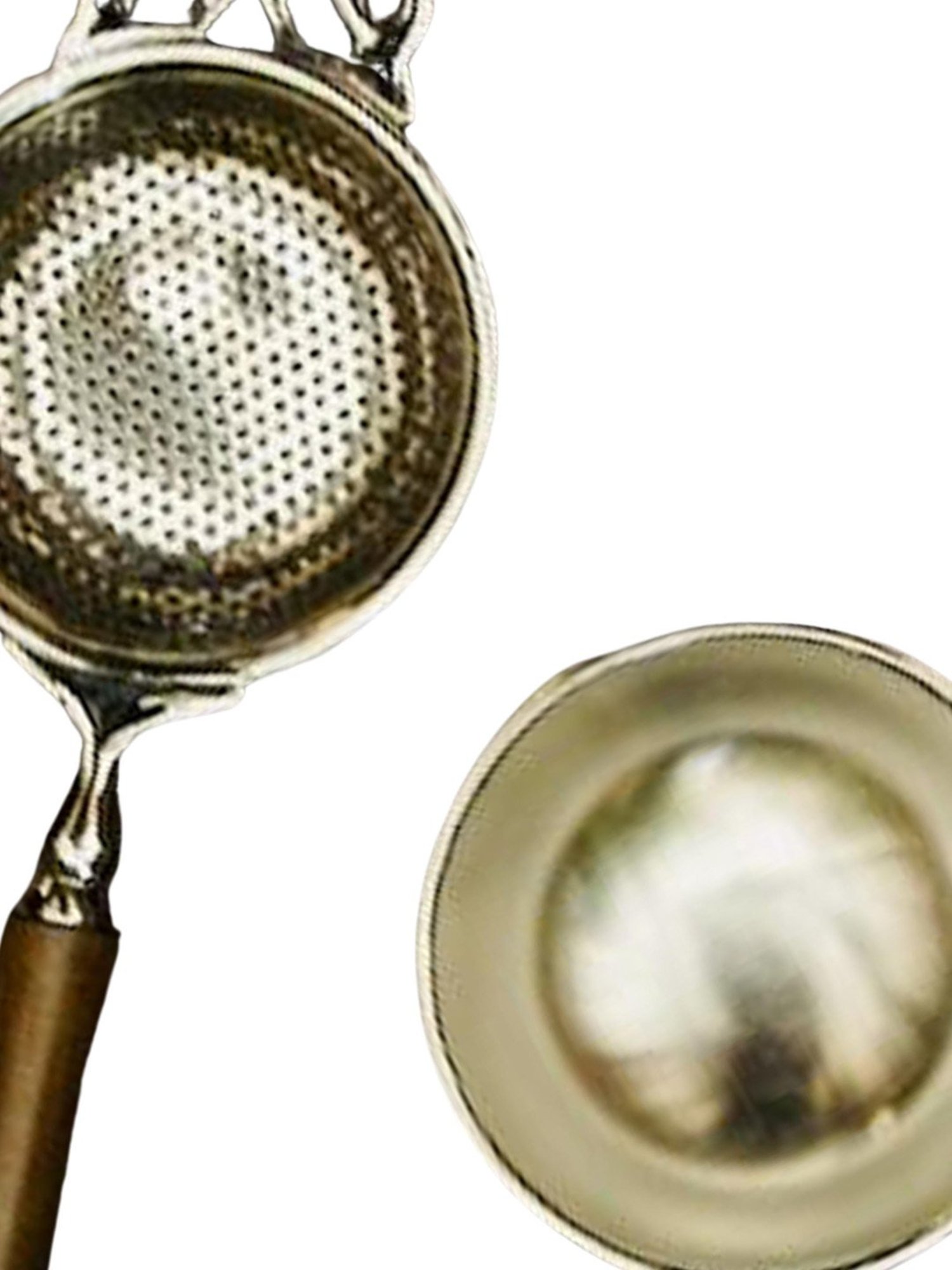 Ambi Matte Finish Brass Medium Sized Tea Strainer Silver 2 Piece Set With Wooden Holder