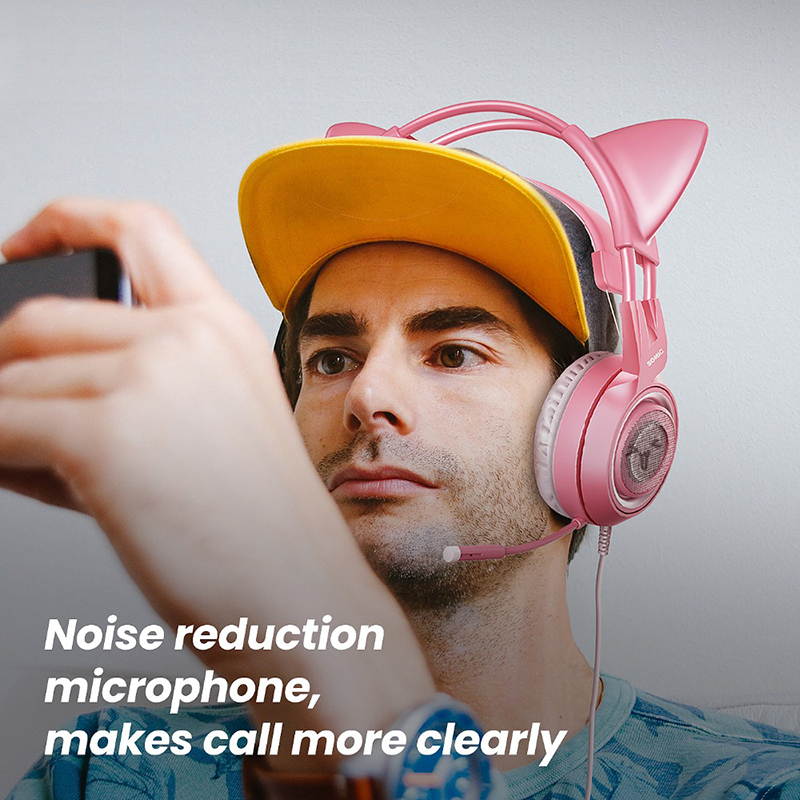 SOMIC Pink Stereo Gaming Headset with Mic for PS4, Xbox One, PC, Mobile Phone, 3.5MM Sound Detachable Cat Ear Headphones Lightweight Self-Adjusting Over Ear Headphones for Women