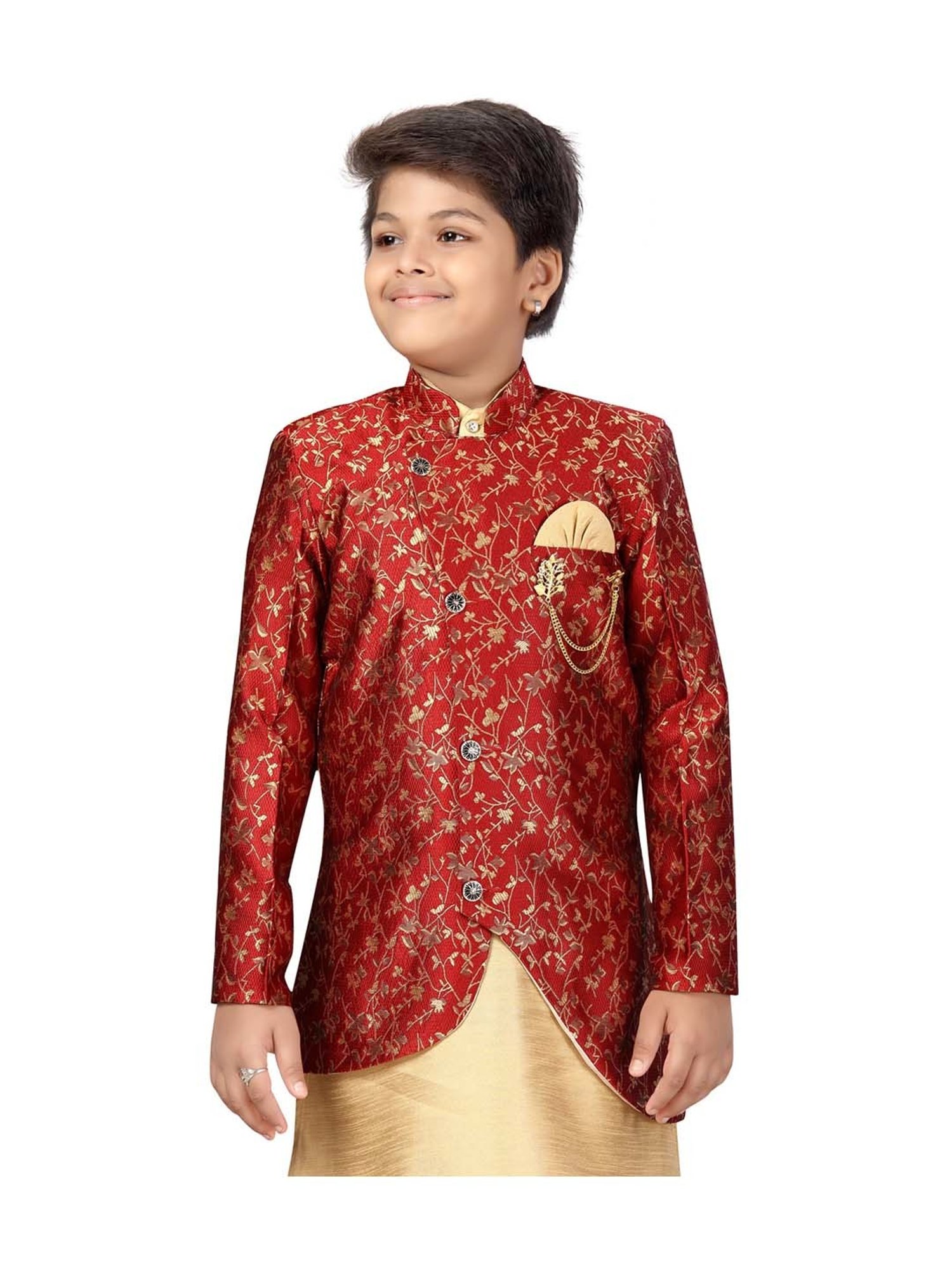 Ahhaaaa Kids Red & Golden Cotton Floral Print Full Sleeves Kurta Set