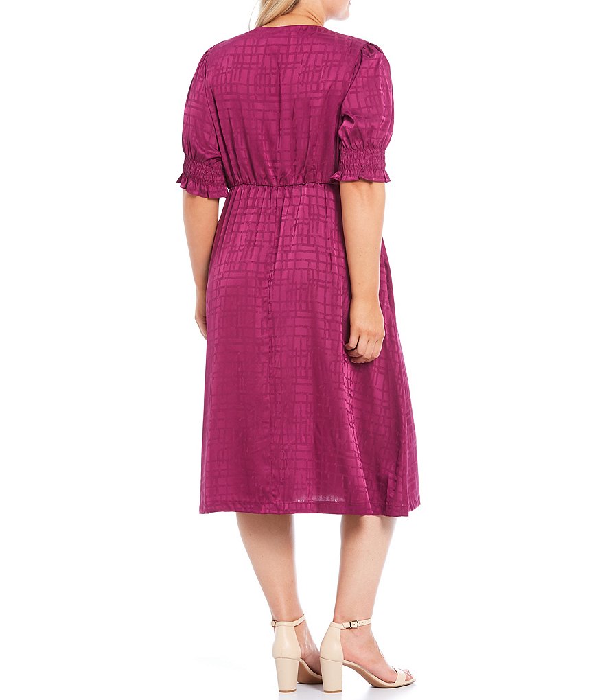 Maison Tara Plus Grid Jacquard Button Front Jewel Neck Short Sleeve A-Line Dress