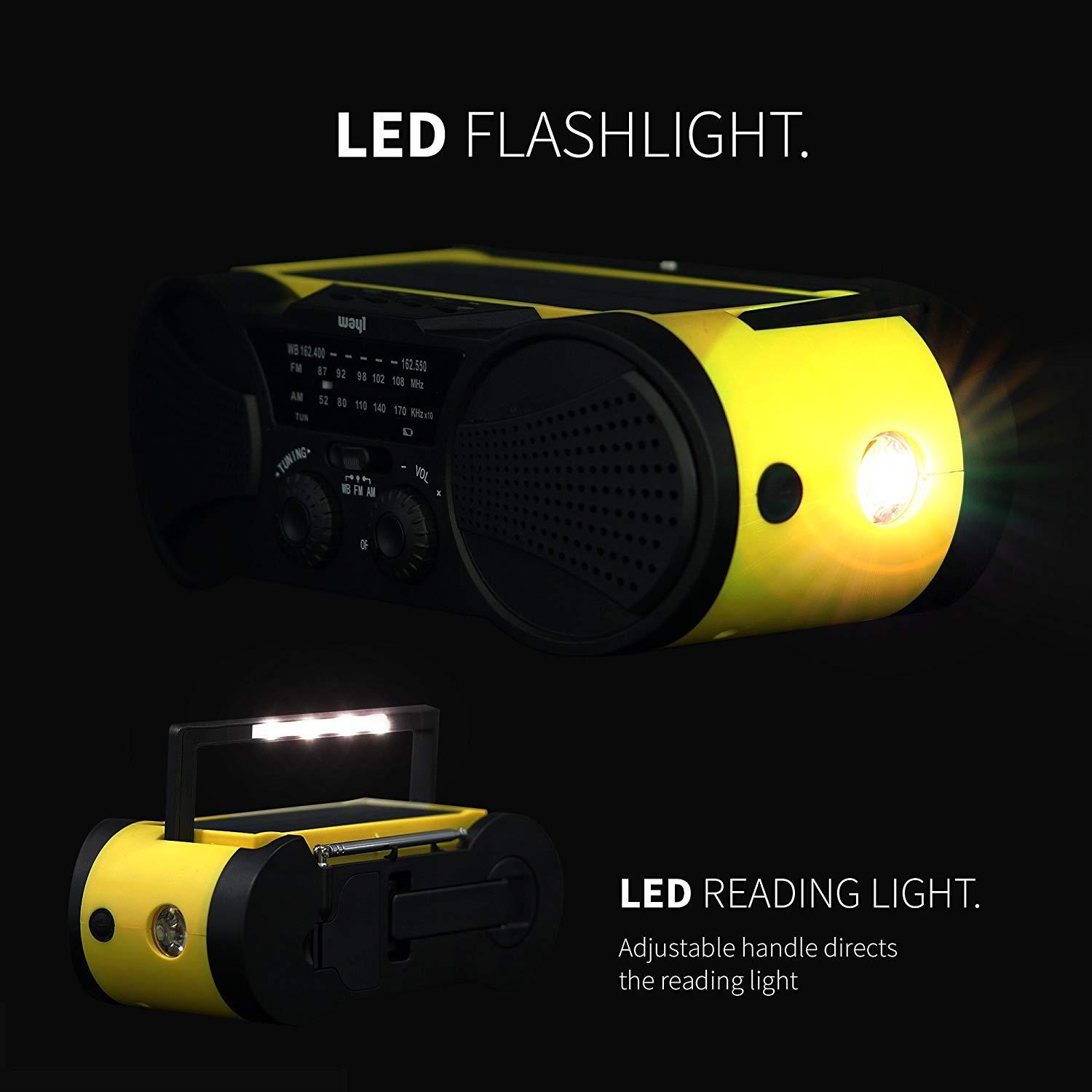 Emergency Weather Radio 4000mAh - Portable, Solar or Battery Powered, Hand Crank, AM FM NOAA Weather Stations, USB Cell Phone Charger, SOS Alarm, LED Flashlight & Reading Light Radio - Buzz4000