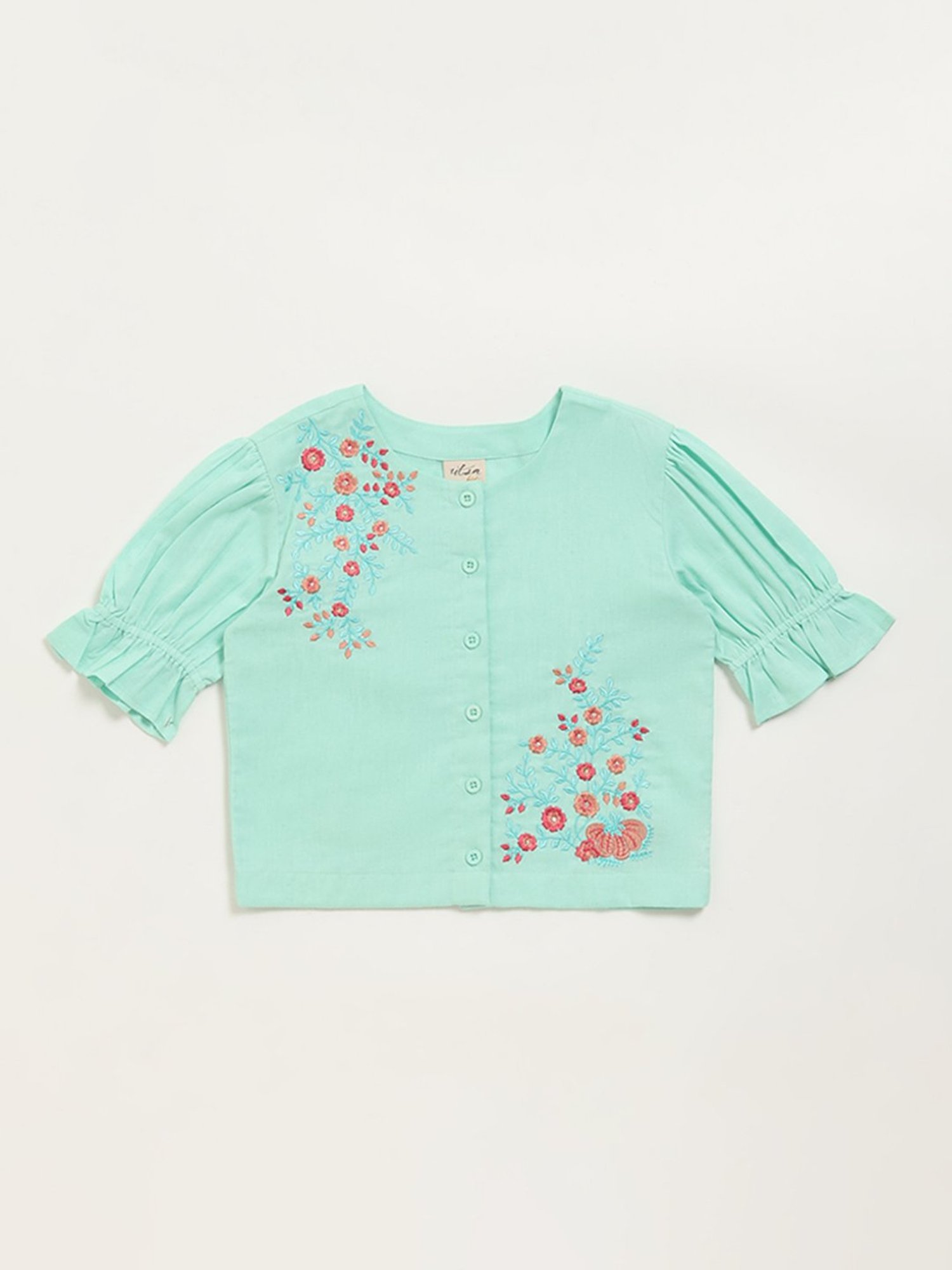 Utsa Kids by Westside Blue Button-Up Floral Cotton Blend Top