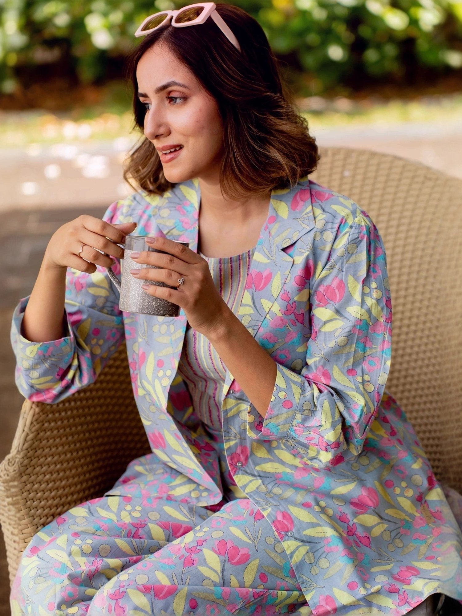 MIRCHI FASHION Grey Cotton Printed Crop Top Pant Set With Shrug