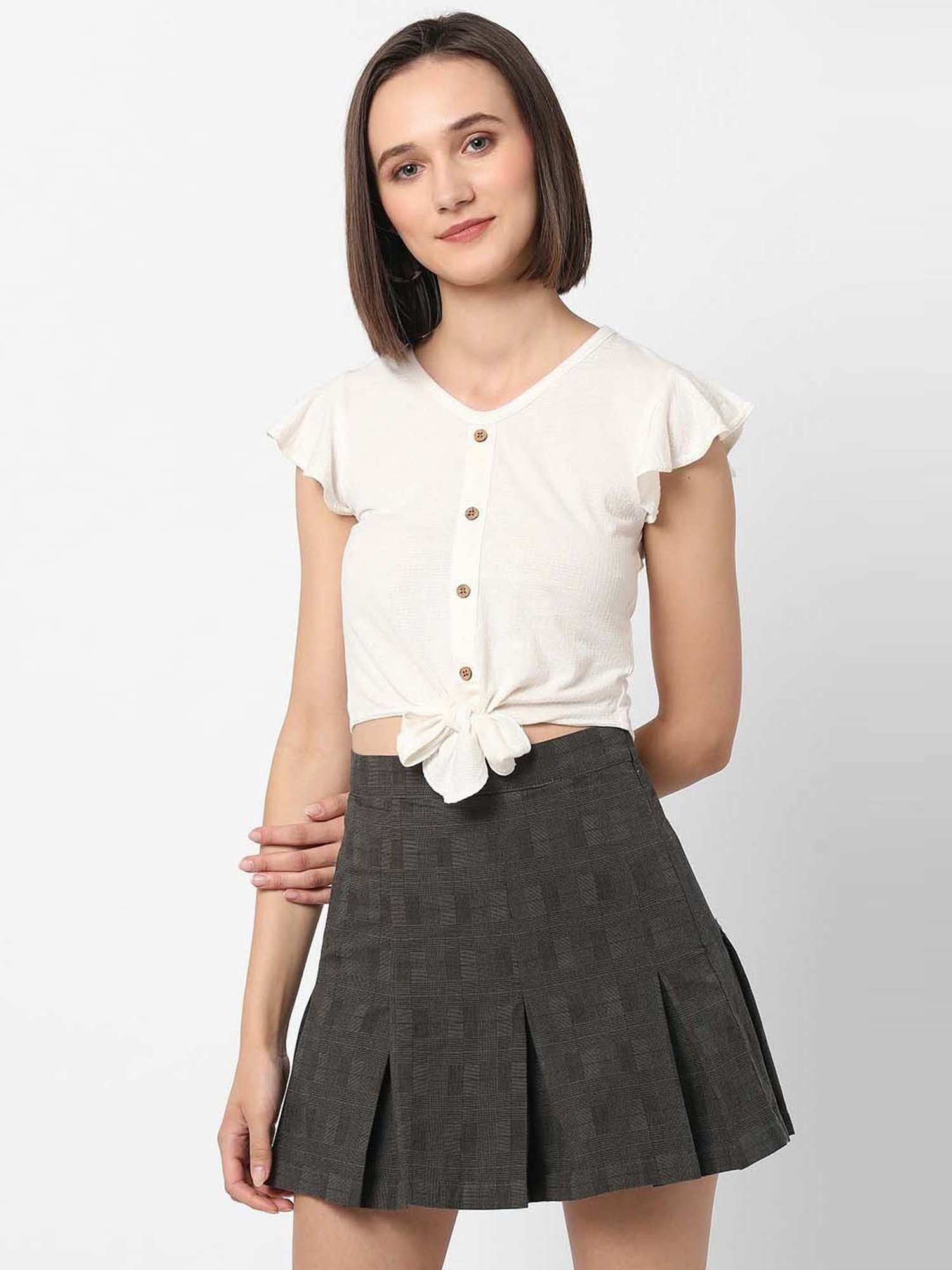 VASTRADO Off-White Cotton V Neck Crop Top