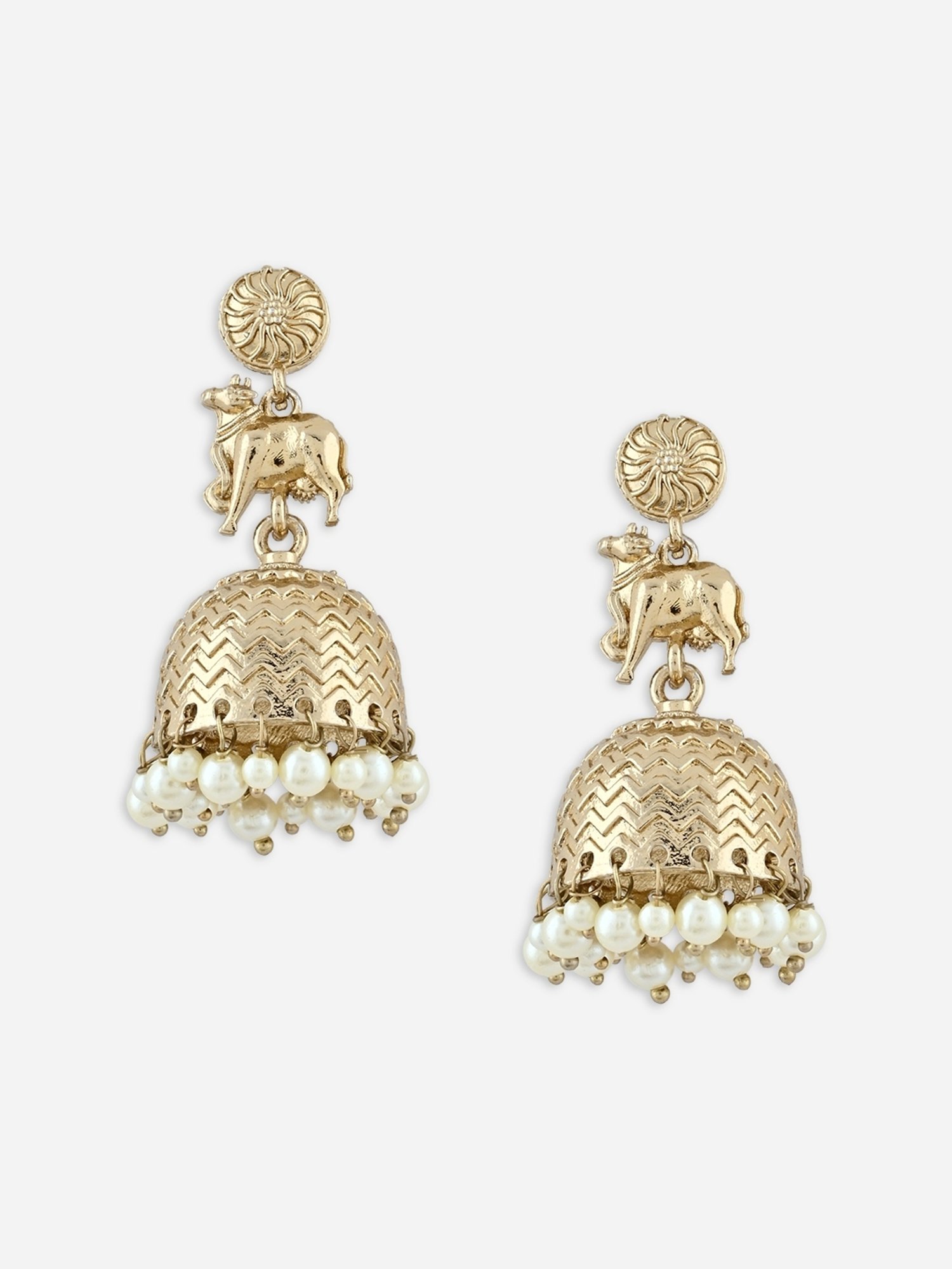 Fida White Ethnic Wedding Dome Shape Pearl Nandi Cow Temple Jhumki Earrings