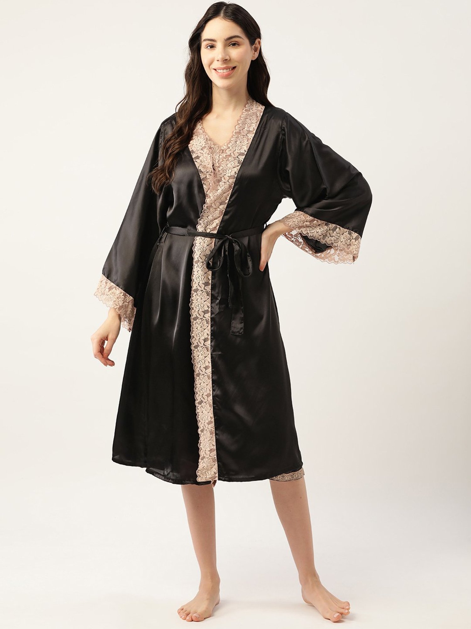 Ms.Lingies Black Lace Work Nightwear With Robe
