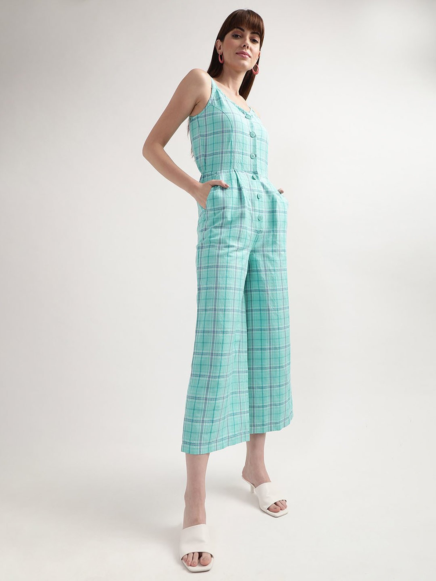 Elle Turquoise Linen Checks Jumpsuit
