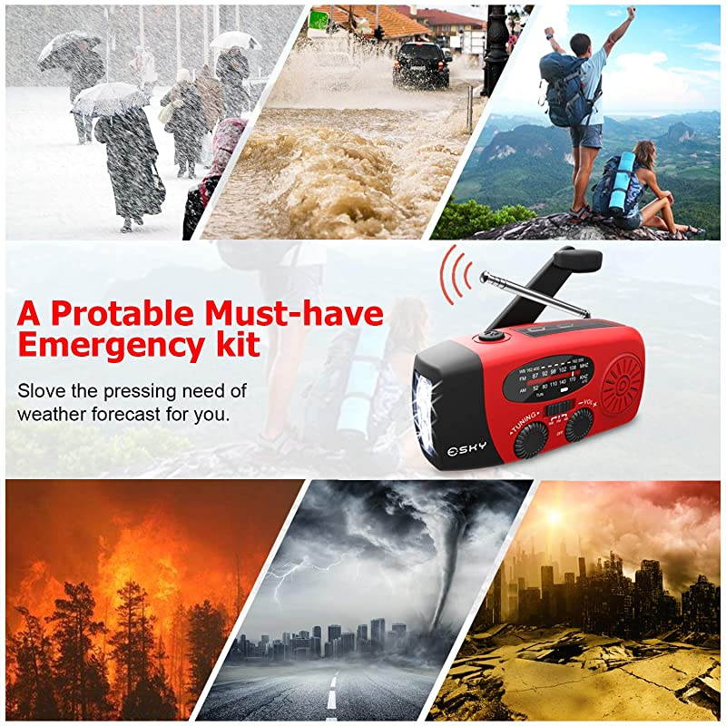 Upgraded Version Portable Emergency Weather Radio Hand Crank Self Powered AMFMNOAA Solar Radios with 3 LED Flashlight 1000mAh Power Bank Phone Charger Red