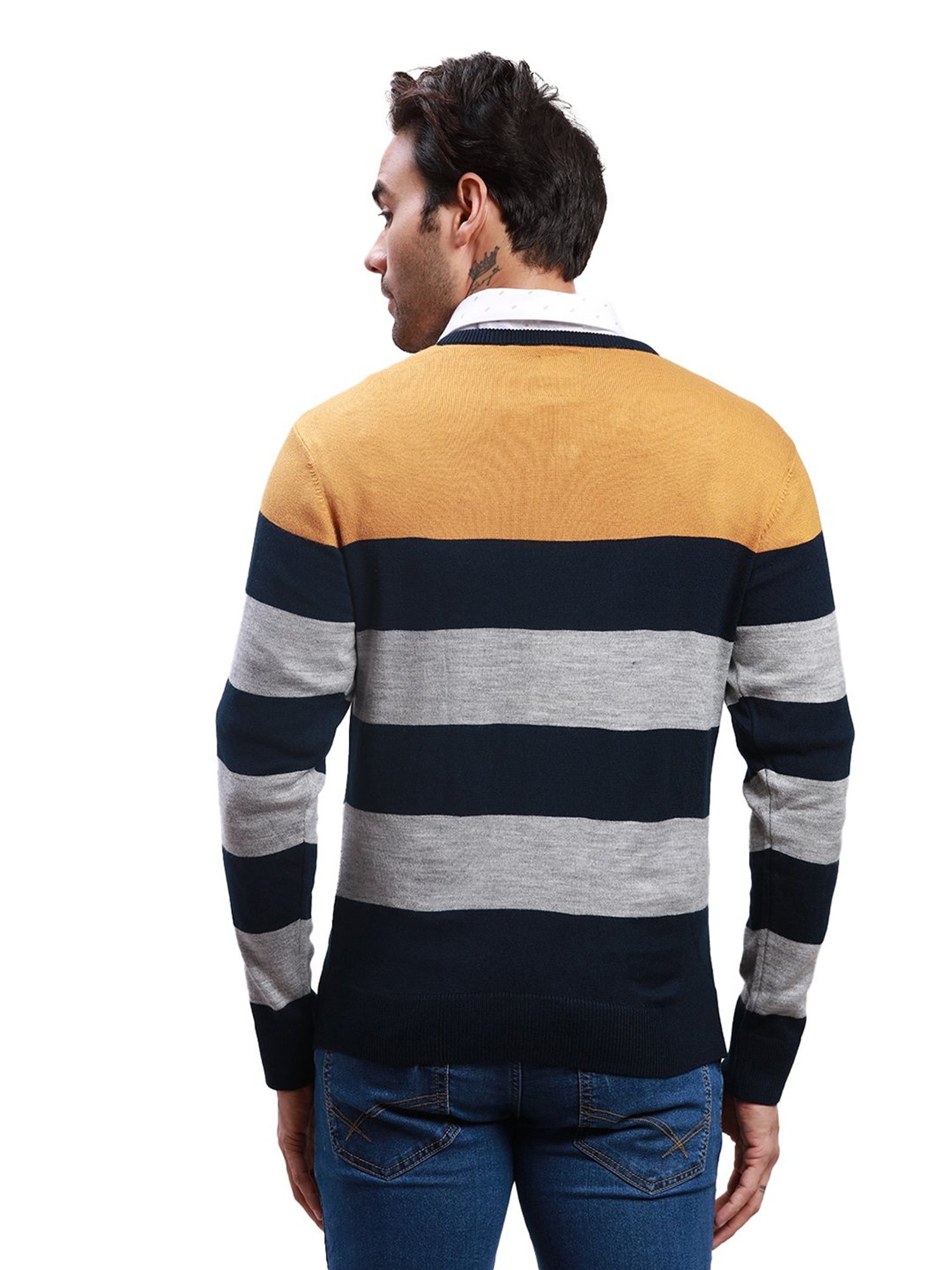 Parx Yellow Regular Fit Striped Sweater