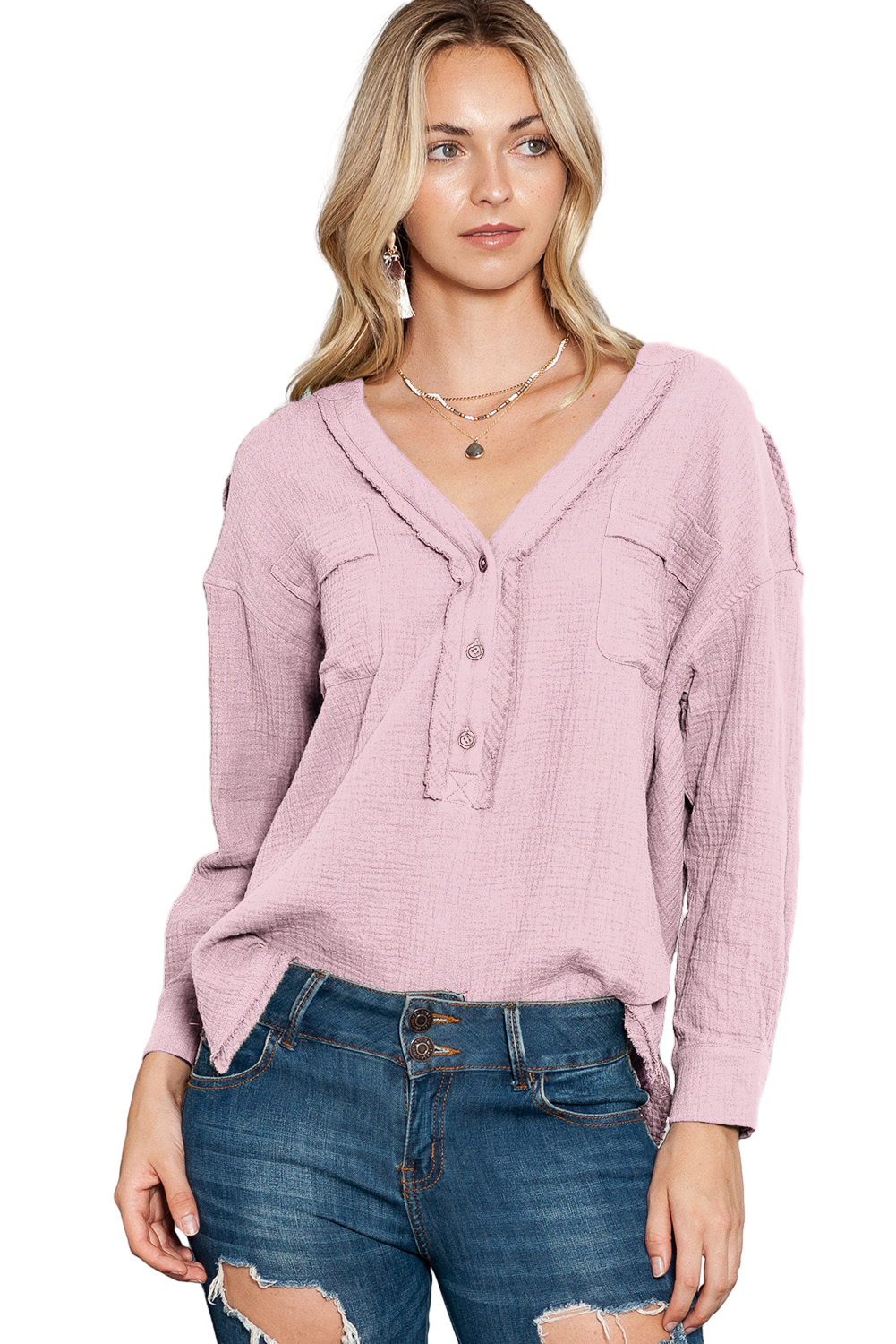 Pink Gauze Raw Hem Long Sleeve Henley Top