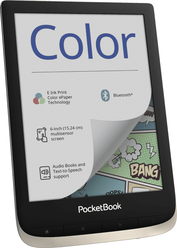 PocketBook Color (Moon Silver). Display: 6" E Ink Kaleido&trade;; Dual Core (2&times;1 GHz); RAM: 1 GB; Flash memory: 16 GB; Wi-Fi; Bluetooth; Audio; Frontlight; Touchscreen; Battery: 1900 mAh (Li-Ion Polymer).