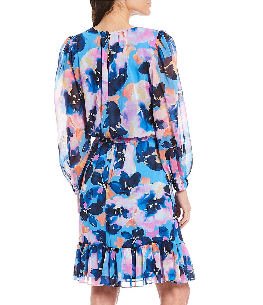 London Times Floric Clouds Printed Tie Long Sleeve Ruffle Dress