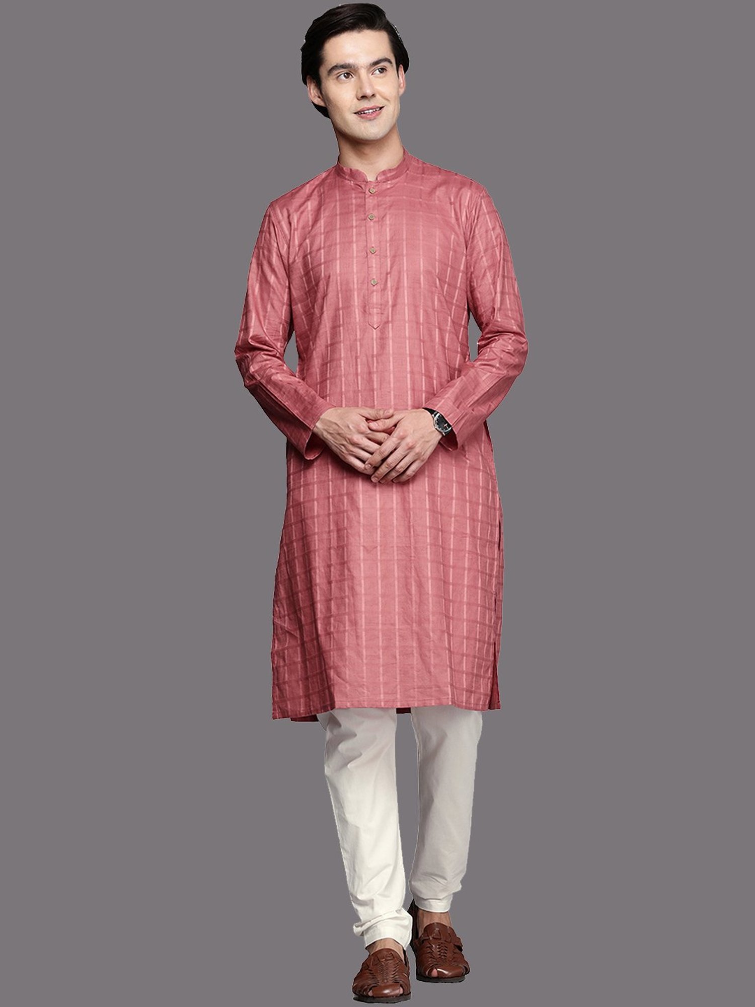 Manyavar Rust & Light Cream Regular Fit Self Design Kurta & Pyjamas Set