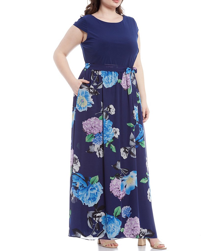 Ignite Evenings Plus Size Round Neck Floral Chiffon Cap Sleeve Maxi Dress