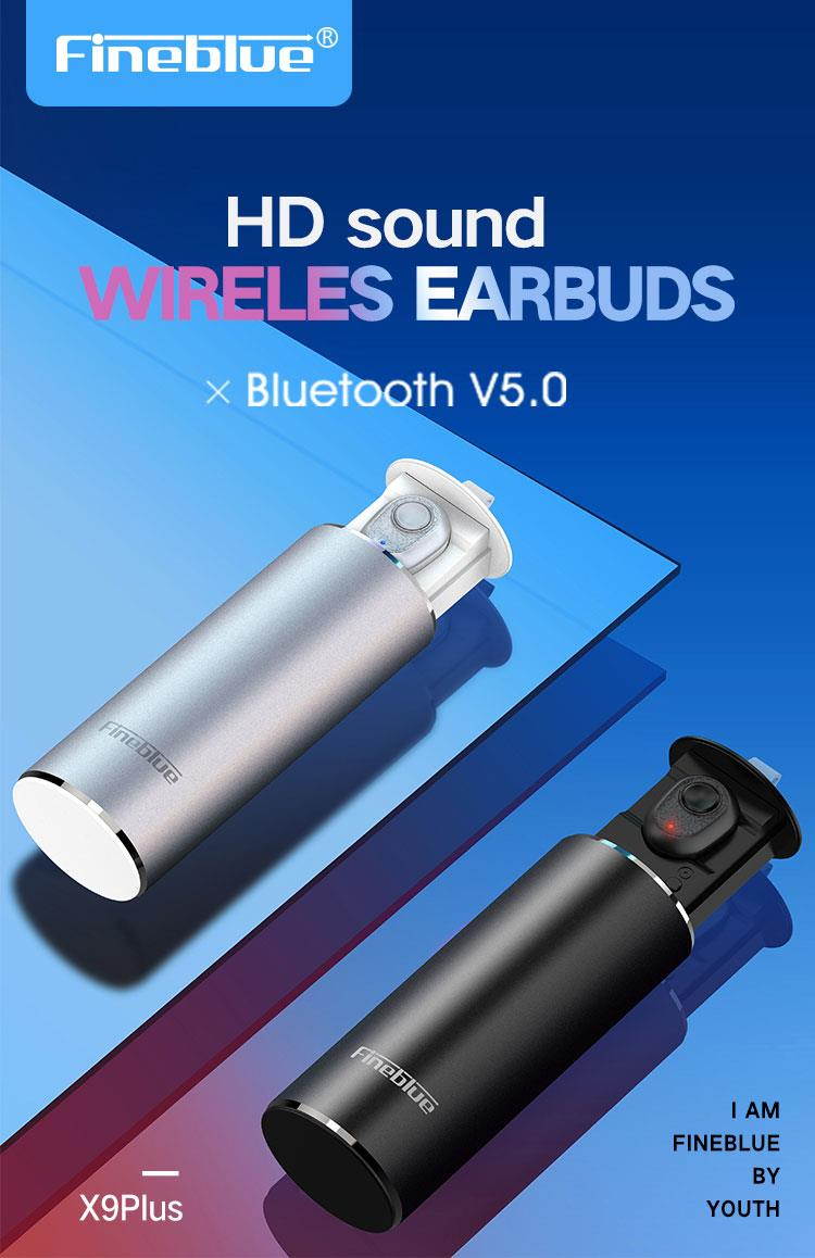 Fineblue X9Plus TWS Bluetooth 5.0 Earphone Wireless Small Earbuds 3D Stereo for phone sport with microphone waterproof (Black)
