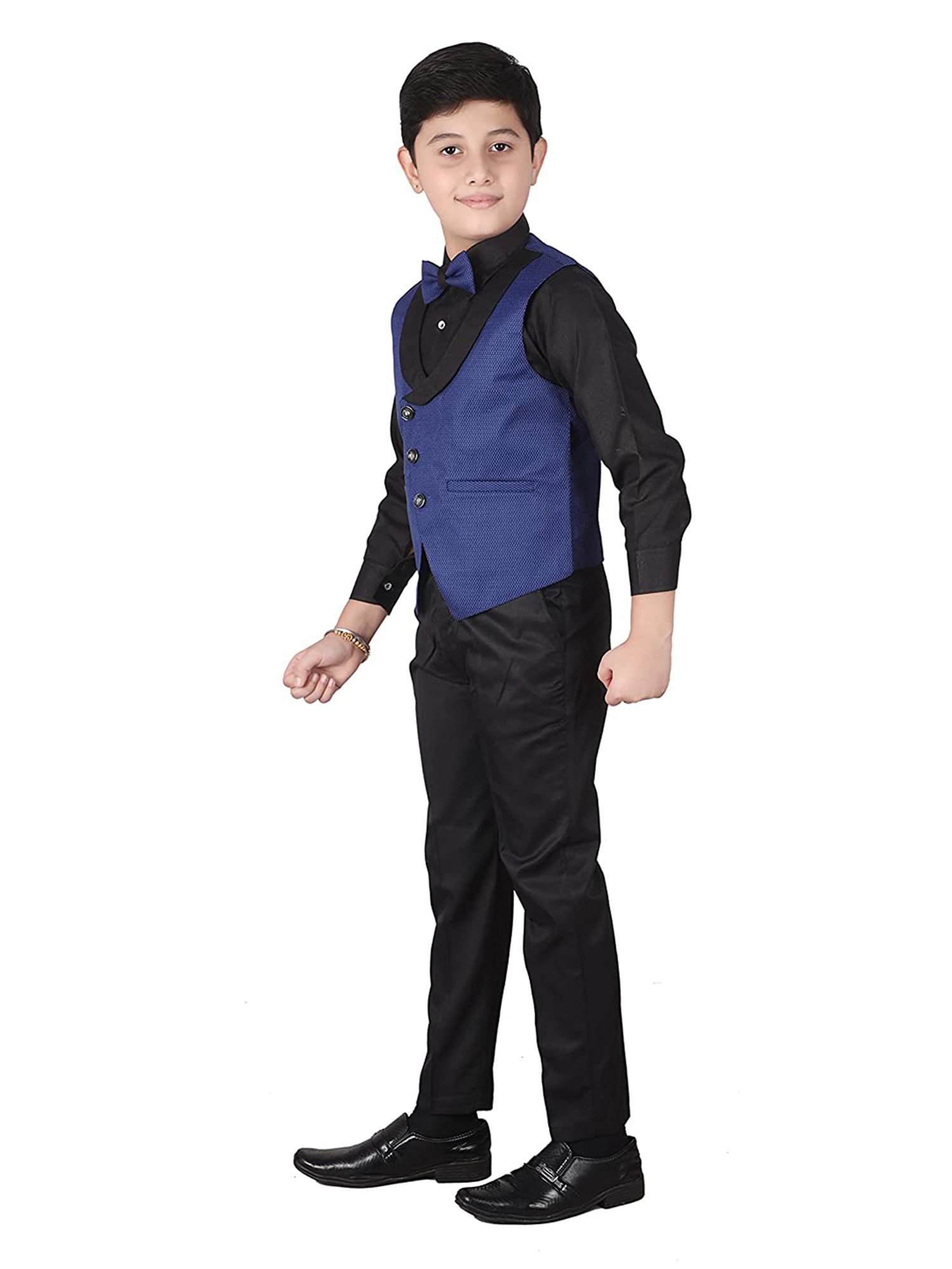 Pro-Ethic Style Developer Kids Navy & Black Printed Full Sleeves Shirt, Waistcoat, Pants with Bow