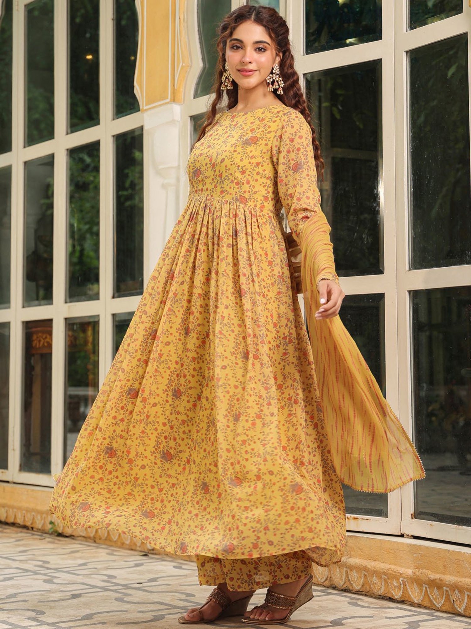 Janasya Mustard Georgette Printed Kurta With Pant & Dupatta