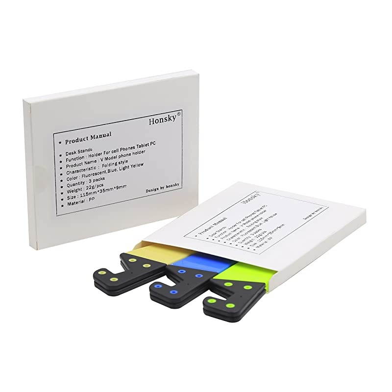 V Cell Phone Stands, Tablet Stands, Mobile Cellphone Holders, Smartphone Stand for Desk Desktop Table &ndash; Universal, Foldable, Pocket-Sized, Plastic, 3 Packs, Fluorescent, Blue, Light Yellow