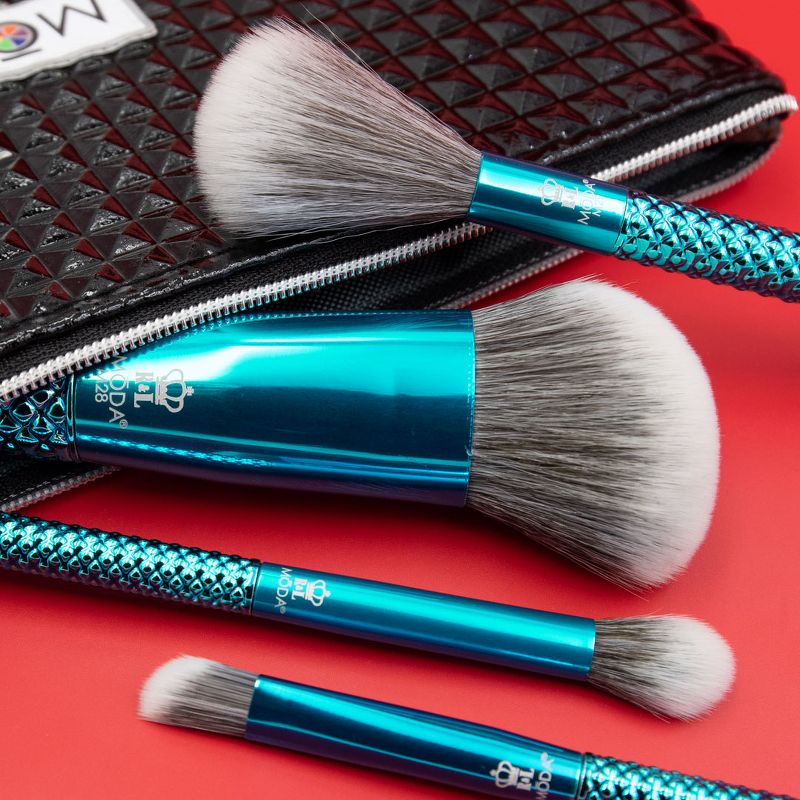 MODA Brush Metallics 5pc Defining Detailers Blue Makeup Brush Set with Black Studded Zip Case, Includes - Angle Blender, Diffuser, Crease and Triad Eye Brushes