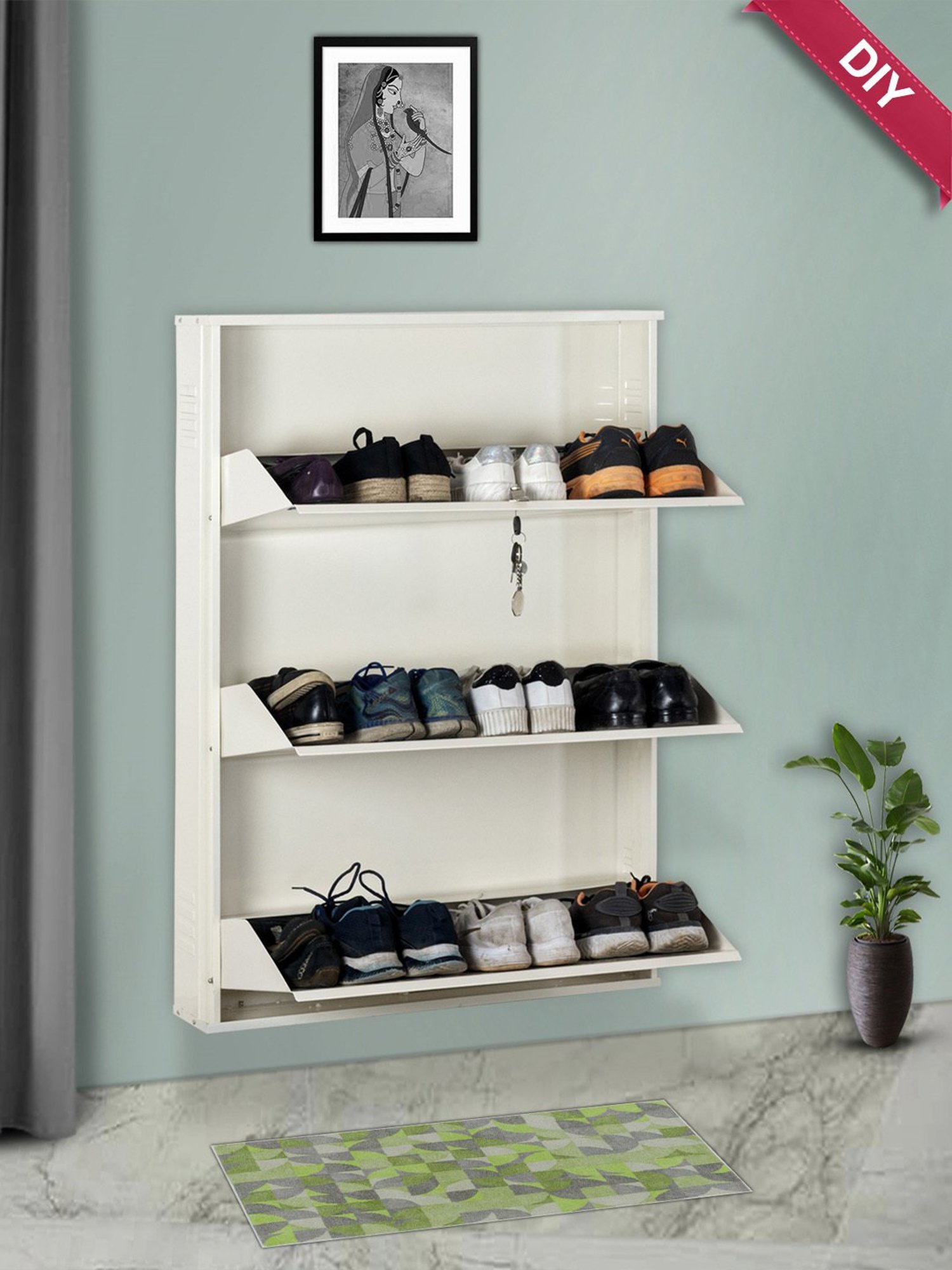 Delite Kom Metal Shoe Rack - 29" 3 Shelf, Ivory, PowderCoat, Wall Mount, DIY