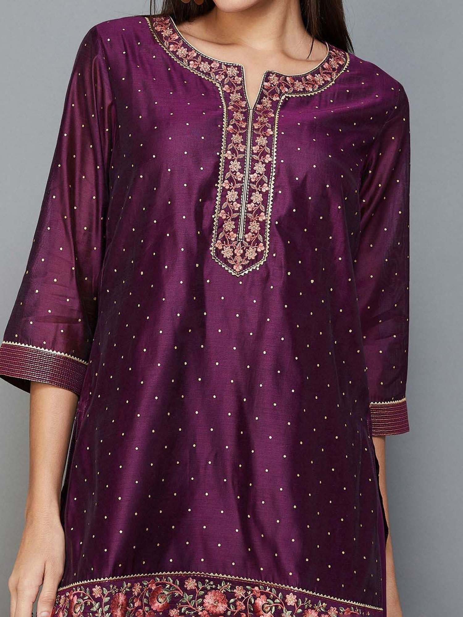 Melange by Lifestyle Wine Embellished Kurti Palazzo Set With Dupatta