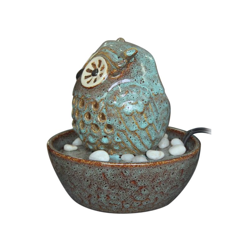 8" Ceramic Owl in Bowl Tabletop Fountain with LED Light Turquoise - Hi-Line Gift