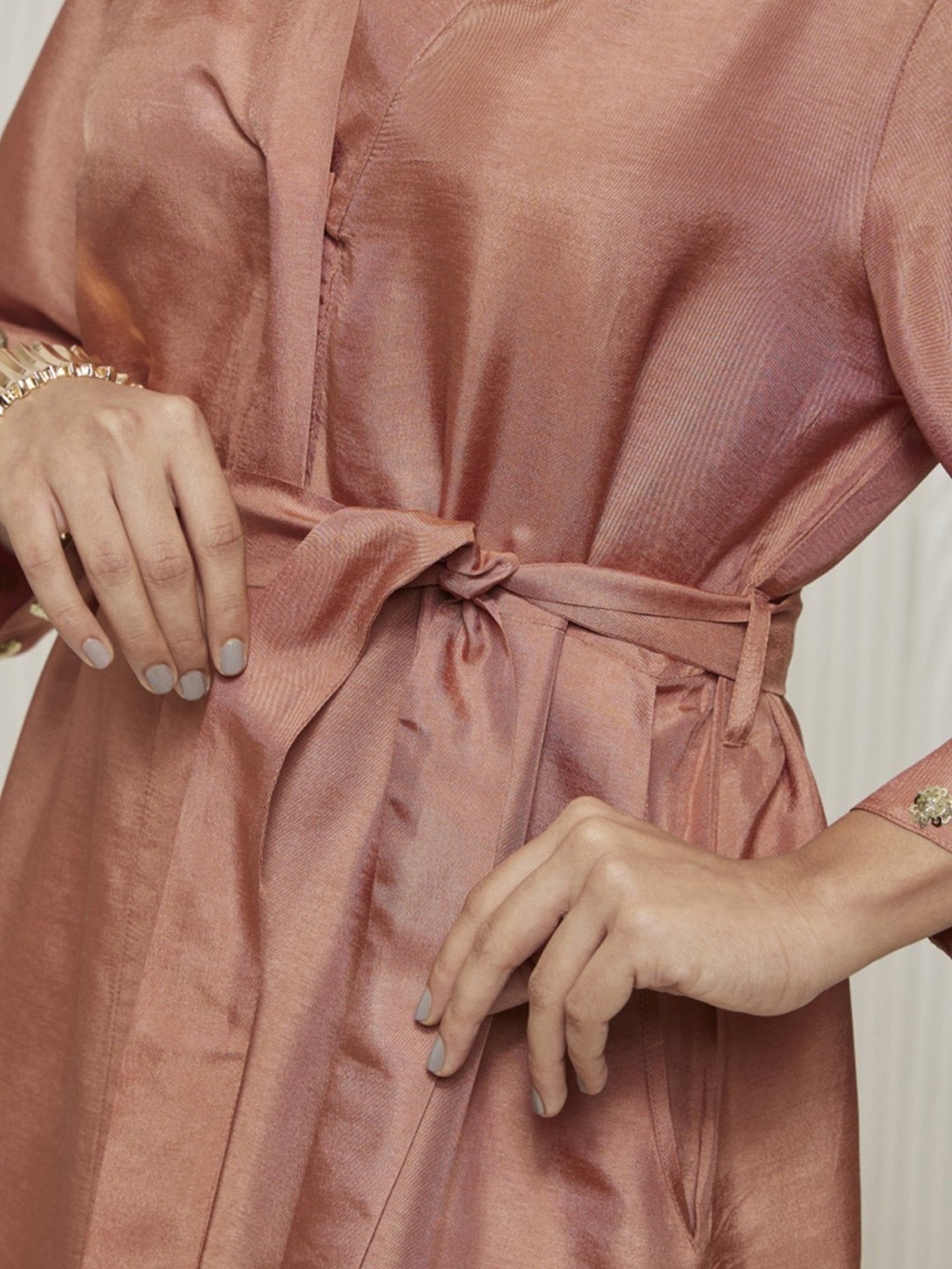 Artagai Salmon Pink Romancing Aari Shirt Dress With Tie-Up And Embellished Sleeve