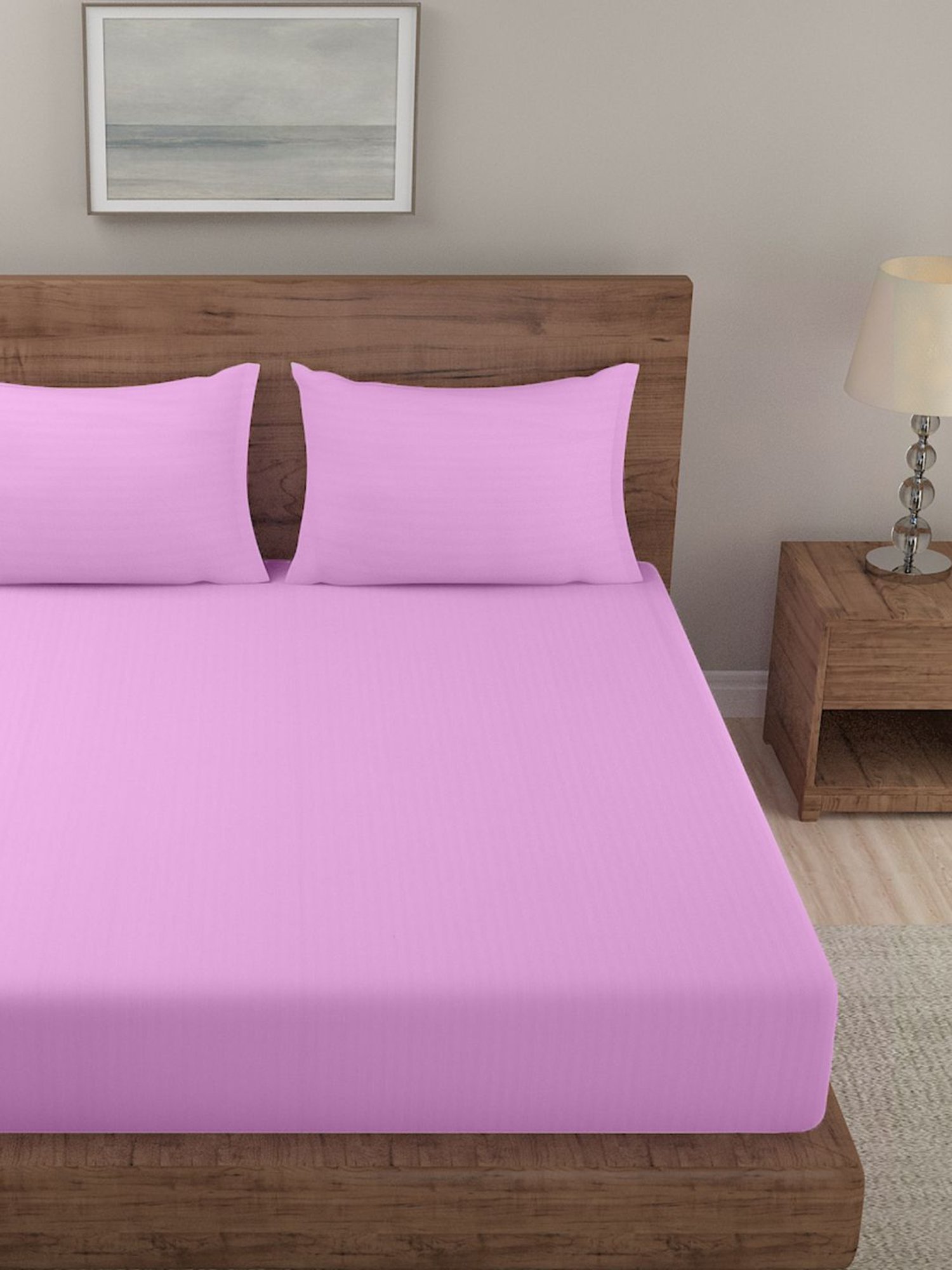 Hosta Homes Stripes Pink 280 TC Poly Satin Fitted King Bed Sheet with 2 Pillow Covers