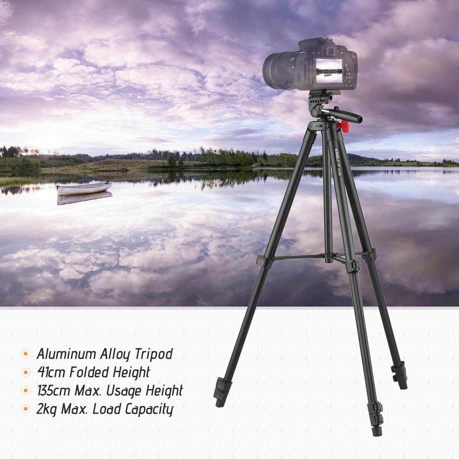 KINGJOY VT-831 Portable Lightweight Photography Tripod Stand Aluminum Alloy 1/4 Inch Screw Connector 2kg Load Capacity Max. Height 135cm with Carry Bag Black
