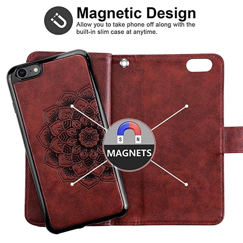2in1 Case for iPhone 6S Plus Case iPhone 6 Plus Wallet Card Holder Detachable Flip Cover Magnetic Folio PU Leather Protective Slim Shell Wrist Strap for iPhone 6 Plus 6S Plus Mandala Red