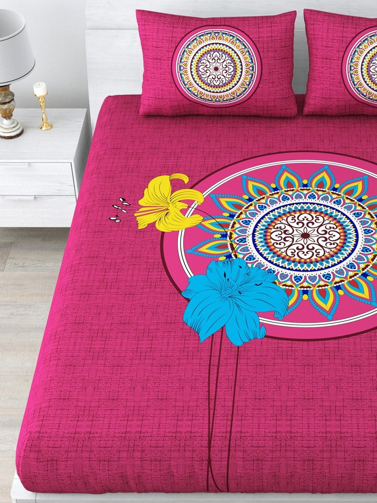 Living Roots Jaipuri Pink 210 TC Cotton Queen Bed Sheet with 2 Pillow Covers