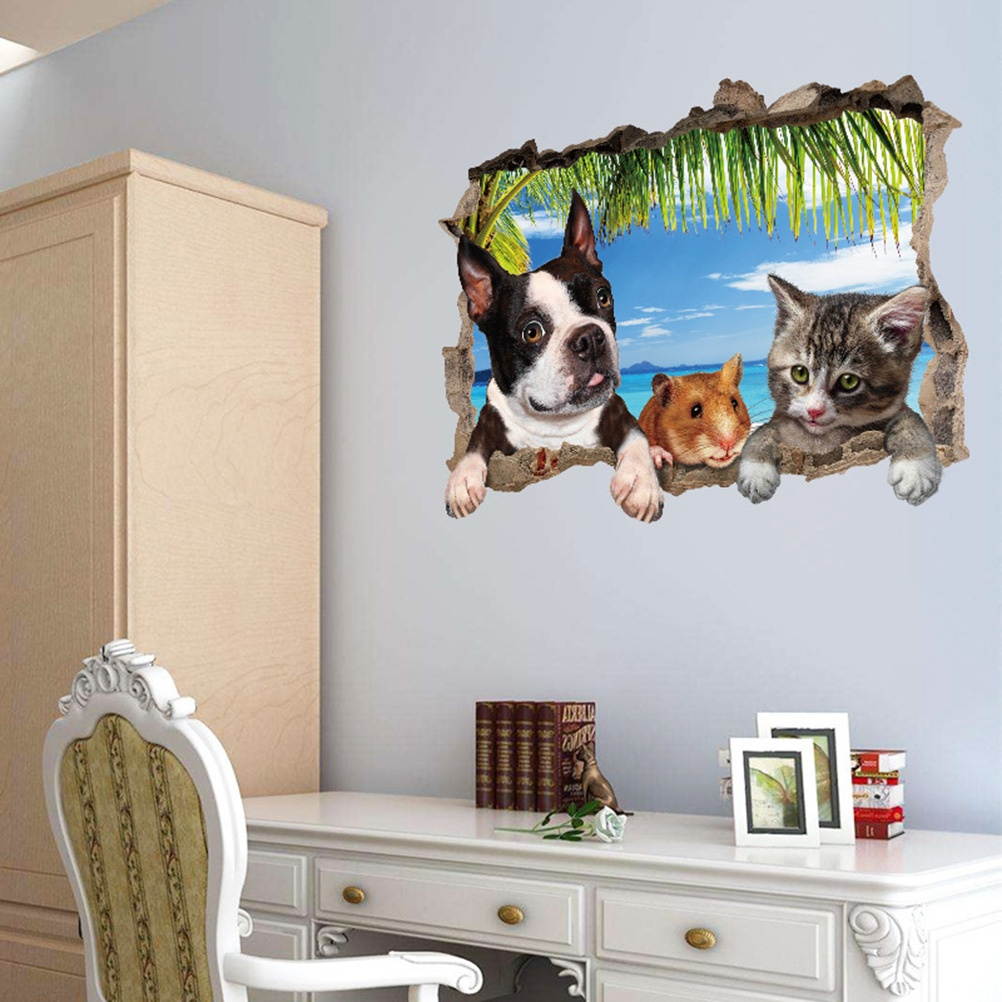 3D Broken Wall Window Sticker French Cat Mouse Children Room Bedroom Cute Animal Wall Stickers