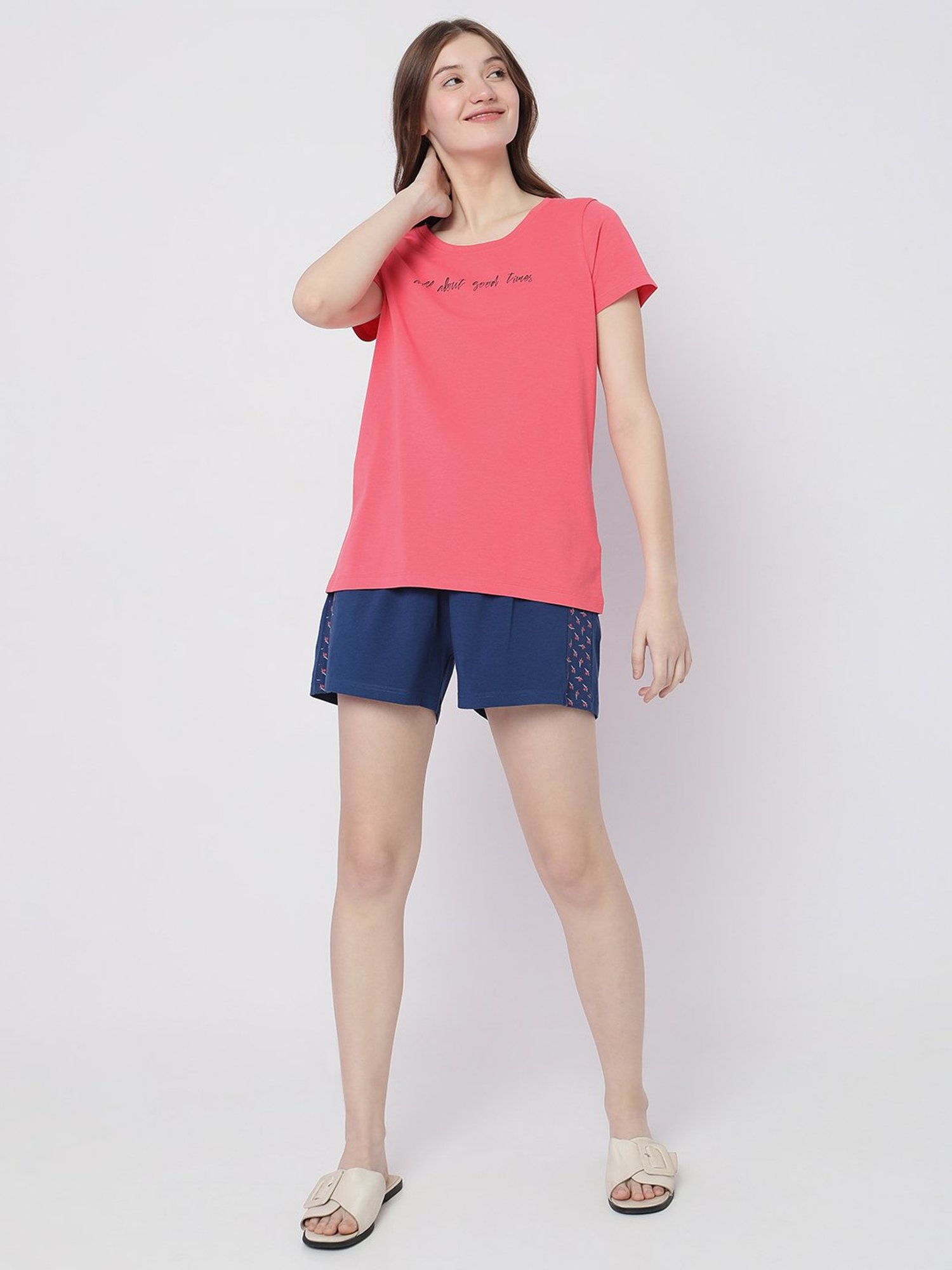 Vero Moda Intimates Pink & Navy Printed T-Shirt With Shorts