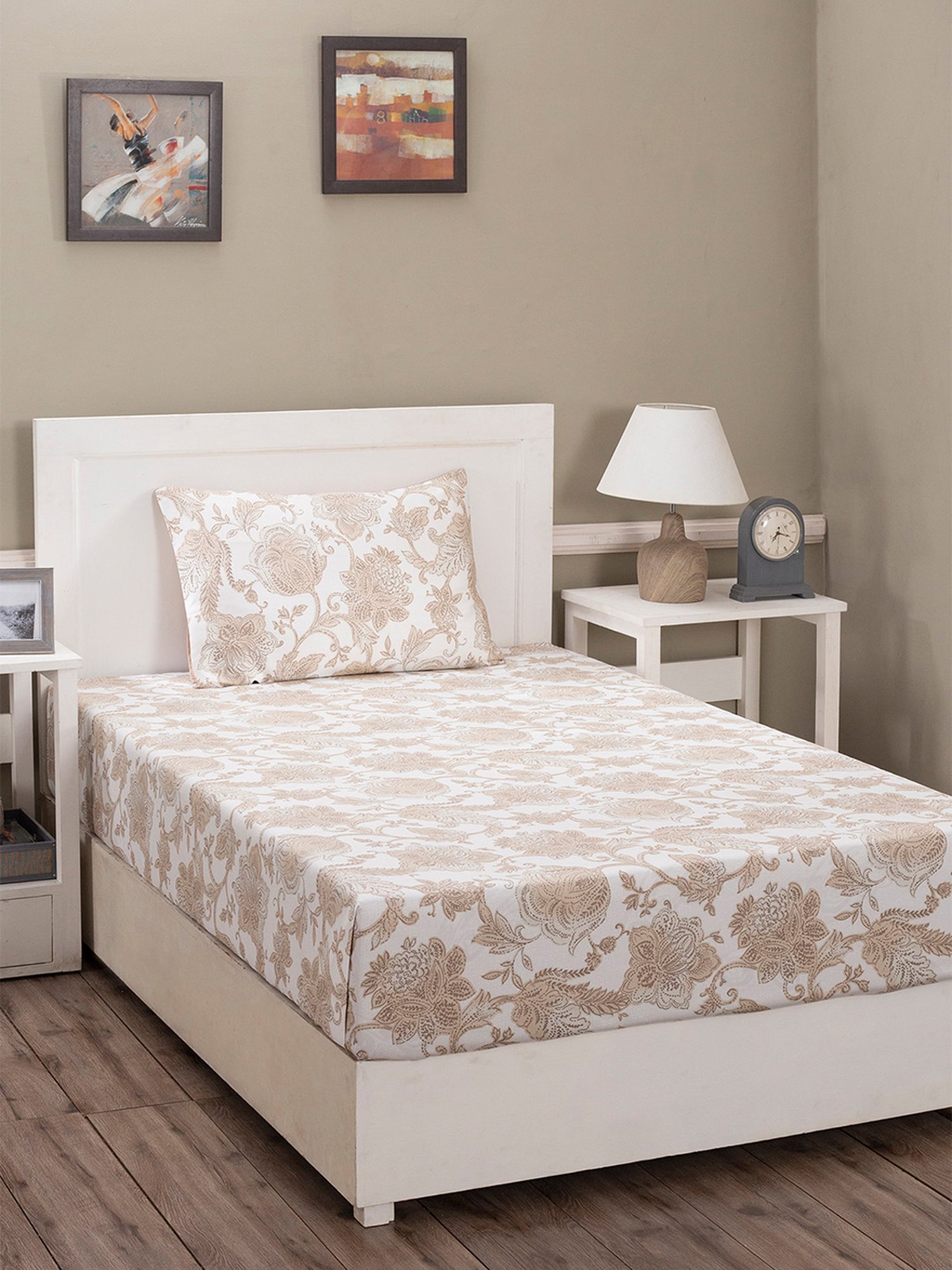 Maspar Beige 210 TC Cotton Single Bed Sheet with 1 Pillow Cover